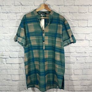 NWT Jogal Plaid Roll Tab Sleeve 3/4 Button Front Tunic Shirt Sz Large